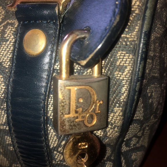 Christian Dior] Blue Logo Denim Leather Boston bag with lock + key - Picture 5 of 16